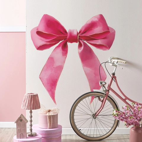 Pegatina de Pared Lazo Rosa Grande PVC Estilo Acuarela Borde Dorado Removible Calcomanía Decorativa para Dormitorio de Niñas Guardería Decoración del Hogar