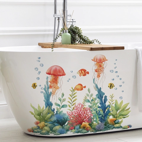 Cartoon Marine Life Seaweed Coral Jellyfish PVC Wall Sticker Waterproof Bathroom Toilet Kids Room Decorative Wall Decals