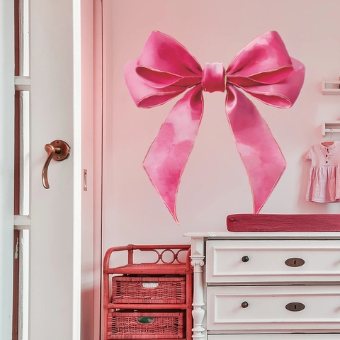 Pegatina de Pared Lazo Rosa Grande PVC Estilo Acuarela Borde Dorado Removible Calcomanía Decorativa para Dormitorio de Niñas Guardería Decoración del Hogar