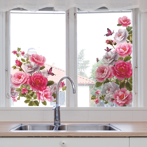 Blooming Peony Flower Butterfly Wall Stickers Waterproof Self Adhesive PVC Decals For Bathroom Bedroom Home Decoration