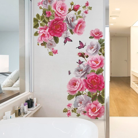 Blooming Peony Flower Butterfly Wall Stickers Waterproof Self Adhesive PVC Decals For Bathroom Bedroom Home Decoration