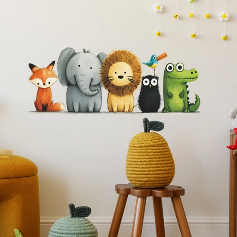 Schattige Cartoon Dieren Muurstickers PVC Zelfklevend Vos Olifant Leeuw Uil Krokodil Muursticker Kinderkamer Decor