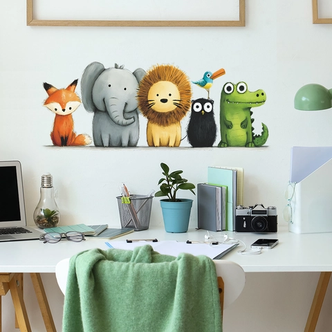 Schattige Cartoon Dieren Muurstickers PVC Zelfklevend Vos Olifant Leeuw Uil Krokodil Muursticker Kinderkamer Decor