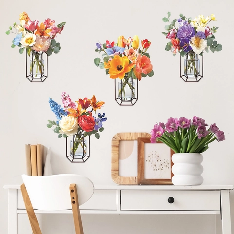 Modern Minimalist Watercolor Flower Vase PVC Wall Stickers Removable Floral Decals For Living Room Bedroom Home Decor Art