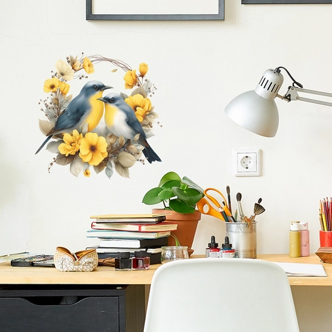 Zelfklevende PVC Muursticker Met Vintage Bloemenkrans En Ekster Vogels Patroon Waterdichte Decoratieve Huis Achtergrond Muurschildering