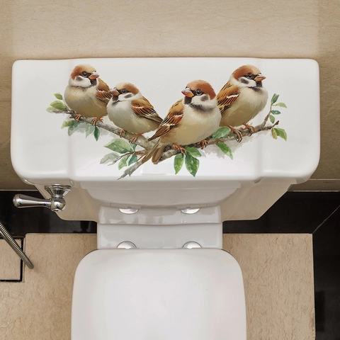 Pegatina de Inodoro de PVC Removible Gorrión En Rama Impermeable Patrón Pájaro Hoja Calcomanía Decorativa de Baño