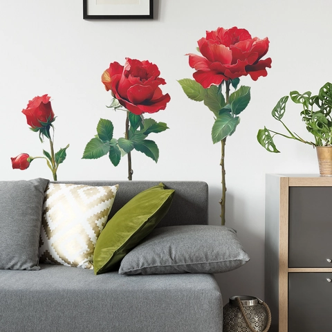Adesivi Murali Realistici Con Mazzo di Rose Rosse Decalcomanie Floreali in PVC Removibili per Soggiorno Camera da Letto Decorazione