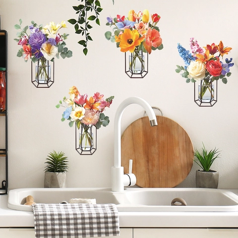 Modern Minimalist Watercolor Flower Vase PVC Wall Stickers Removable Floral Decals For Living Room Bedroom Home Decor Art