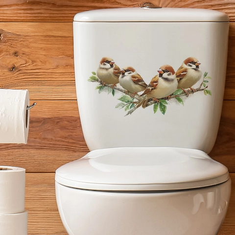 Pegatina de Inodoro de PVC Removible Gorrión En Rama Impermeable Patrón Pájaro Hoja Calcomanía Decorativa de Baño