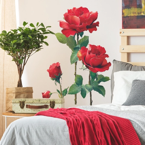 Adesivi Murali Realistici Con Mazzo di Rose Rosse Decalcomanie Floreali in PVC Removibili per Soggiorno Camera da Letto Decorazione