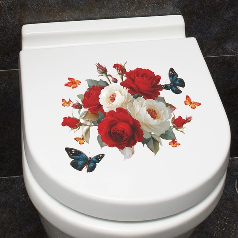 Adesivo per WC Rose Rosse e Bianche e Farfalle Impermeabile in PVC Decalcomania Floreale per Bagno Decorazione Casa Autoadesiva