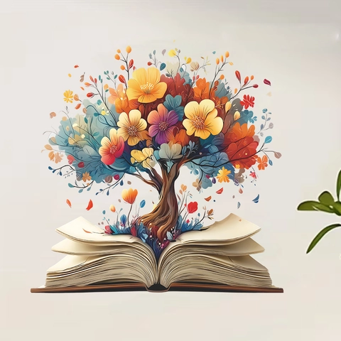 Creative Flower Tree Growing From Open Book Wall Sticker PVC Art Decal For Study Room Living Room Home Decoration Mural