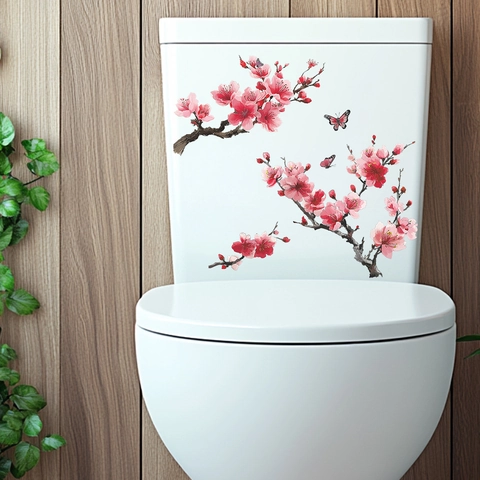 Aquarel Kersenbloesem Tak Vlinder Toiletsticker PVC Zelfklevend Verwijderbaar Badkamer Decor Muursticker