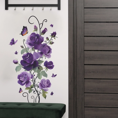 Lila Rose Blumen Ranke Wandtattoo PVC Wasserdicht Schmetterling Floral Wandaufkleber Selbstklebend Deko Für Wohnzimmer