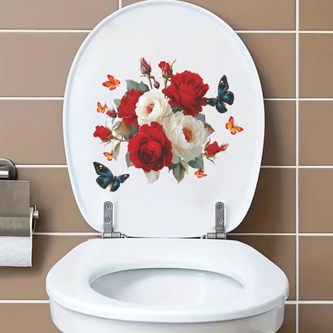 Adesivo per WC Rose Rosse e Bianche e Farfalle Impermeabile in PVC Decalcomania Floreale per Bagno Decorazione Casa Autoadesiva