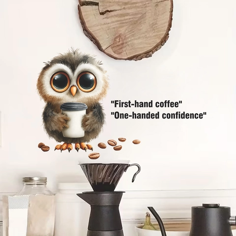 Adhesivo De Pared De Búho De Café De Dibujos Animados Calcomanía De PVC Removible Para Cafetería Cocina Decoración