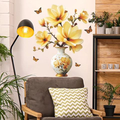 3D Relief Magnolie Blume Vase Wandaufkleber PVC Selbstklebend Abnehmbar Schmetterling Floral Dekor Für Wohnzimmer Home Dekoration