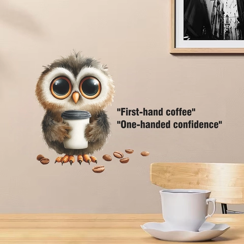 Adhesivo De Pared De Búho De Café De Dibujos Animados Calcomanía De PVC Removible Para Cafetería Cocina Decoración