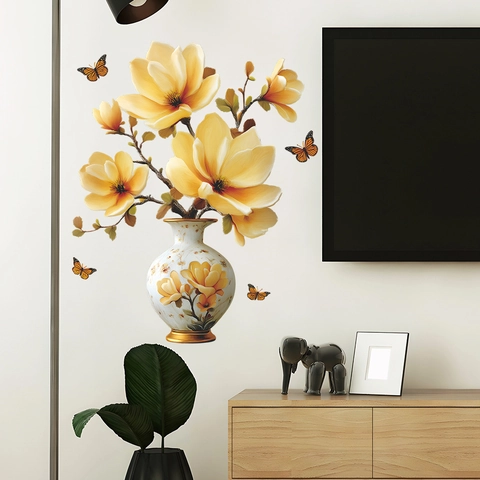 3D Relief Magnolie Blume Vase Wandaufkleber PVC Selbstklebend Abnehmbar Schmetterling Floral Dekor Für Wohnzimmer Home Dekoration