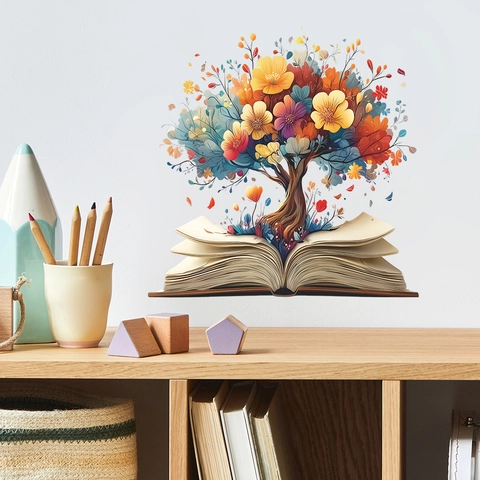 Creative Flower Tree Growing From Open Book Wall Sticker PVC Art Decal For Study Room Living Room Home Decoration Mural