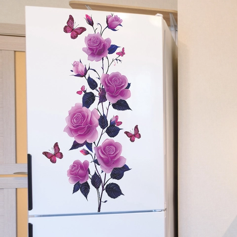 Purple Rose And Butterfly Wall Stickers PVC Removable Floral Decals For Bathroom Kitchen Fridge Glass Home Decoration