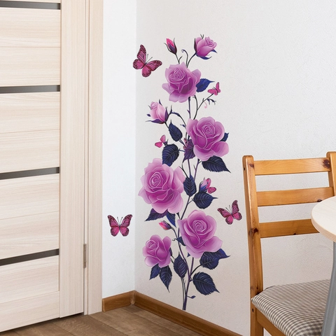 Purple Rose And Butterfly Wall Stickers PVC Removable Floral Decals For Bathroom Kitchen Fridge Glass Home Decoration