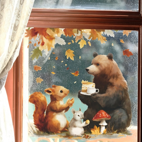 Cartoon Forest Animals Wall Sticker PVC Autumn Theme Bear Rabbit Squirrel Leaves Decal For Kids Room Nursery Home Decor