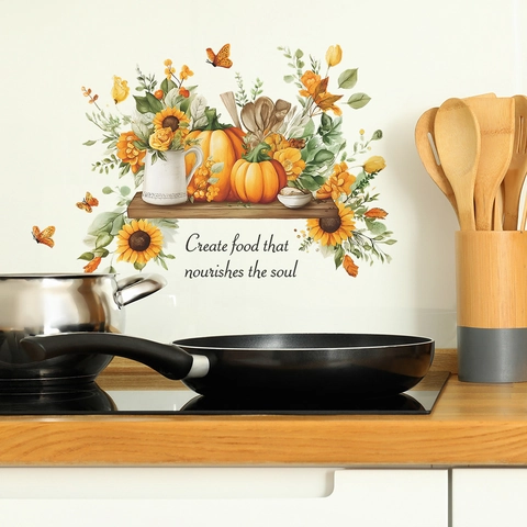 Autumn Harvest Sunflower Pumpkin Kitchen Wall Sticker Create Food That Nourishes The Soul PVC Removable Decal Home Decor