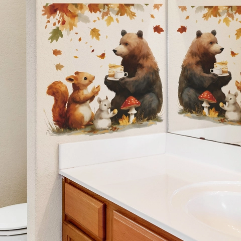 Cartoon Forest Animals Wall Sticker PVC Autumn Theme Bear Rabbit Squirrel Leaves Decal For Kids Room Nursery Home Decor