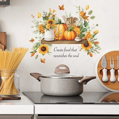 Autumn Harvest Sunflower Pumpkin Kitchen Wall Sticker Create Food That Nourishes The Soul PVC Removable Decal Home Decor