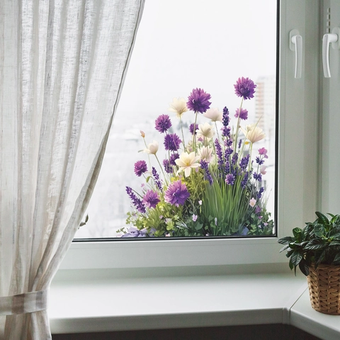 Purple Lavender And White Daisy PVC Wall Sticker Self Adhesive Floral Decorative Decal For Living Room Home Wall Decor