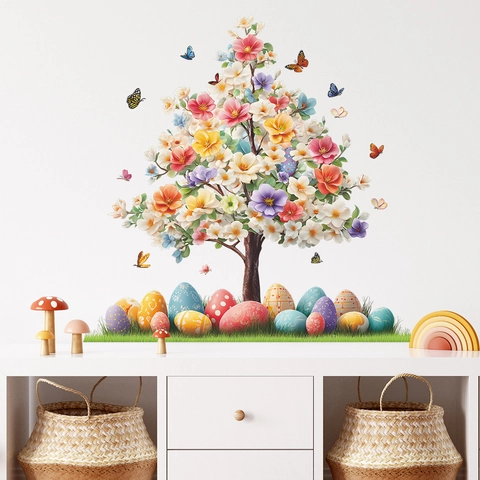 Adesivi Murali Colorati Con Albero Di Fiori E Farfalle Per Decorazione Pasquale Decalcomania In PVC Per Cameretta E Soggiorno