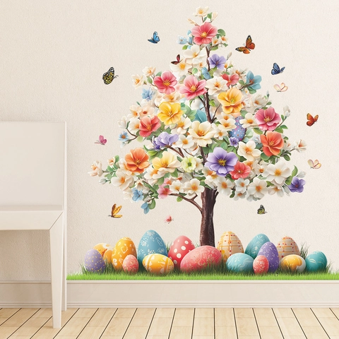 Adesivi Murali Colorati Con Albero Di Fiori E Farfalle Per Decorazione Pasquale Decalcomania In PVC Per Cameretta E Soggiorno