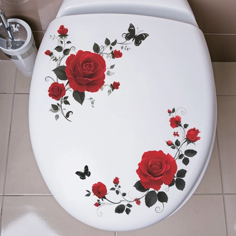 Vintage Rode Roos Vlinder Toiletbril Sticker Waterdicht PVC Verwijderbare Bloementak Badkamer Decoratieve Muursticker