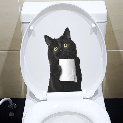 Creatieve 3D Zwarte Kat Met Tissue Rol Muursticker Waterdicht PVC Toilet Sticker Voor Badkamer Huis Decoratie Muurschildering