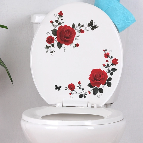 Vintage Rode Roos Vlinder Toiletbril Sticker Waterdicht PVC Verwijderbare Bloementak Badkamer Decoratieve Muursticker