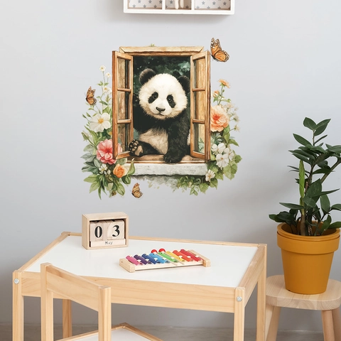 3D Creative Panda Window Wall Sticker PVC Waterproof Floral Butterfly Removable Self-Adhesive Decal For Kids Room Decor