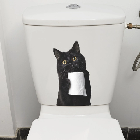 Creatieve 3D Zwarte Kat Met Tissue Rol Muursticker Waterdicht PVC Toilet Sticker Voor Badkamer Huis Decoratie Muurschildering