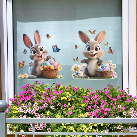 3D Cartoon Ostern Hase Fensteraufkleber PVC Statische Haftung Ostereier Schmetterling Floral Aufkleber Für Glas Dekoration