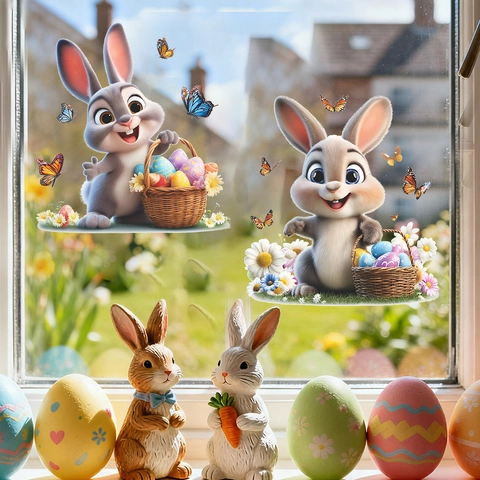 3D Cartoon Ostern Hase Fensteraufkleber PVC Statische Haftung Ostereier Schmetterling Floral Aufkleber Für Glas Dekoration