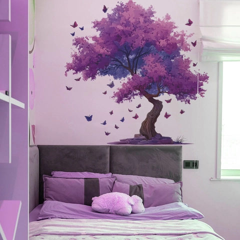 Adesivo Murale Albero Viola E Farfalle Sogno Murale In PVC Removibile Per Soggiorno Camera Da Letto Studio Decorazione Della Casa