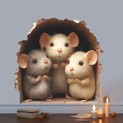 Adesivo da Parete 3D Creativo Buco del Topo Cartone Animato Famiglia di Topi Fai-da-Te PVC per Cucina Scale Casa Decorazione