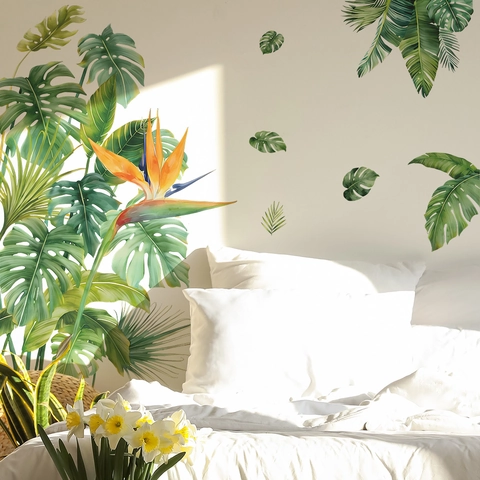 Adesivi Murali Piante Tropicali Acquerello Monstera Foglia Di Palma Fiore Uccello Del Paradiso Autoadesivi PVC Decorazione Casa