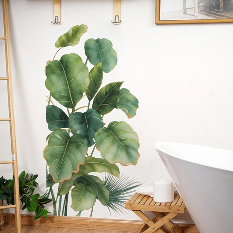 Wandtattoo Tropische Grüne Pflanzenblätter Abnehmbar PVC Aquarell Monstera Palmenblatt Deko Für Badezimmer Wohnzimmer Dekor
