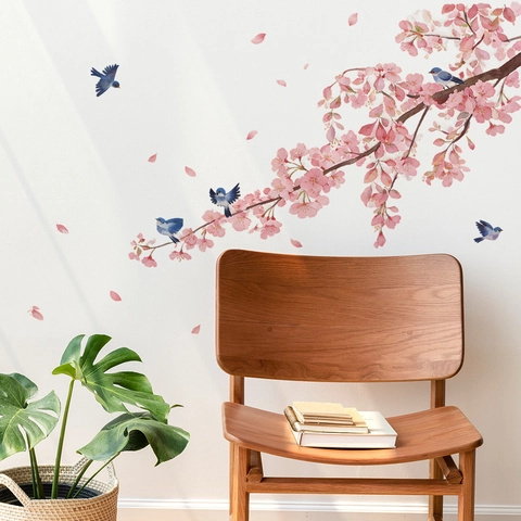 Adesivo da Parete Ramoscello di Ciliegio ad Acquerello Fiori Rosa Uccelli Blu Decalcomania in PVC Autoadesiva