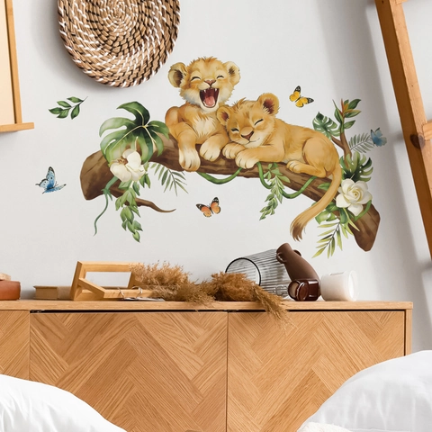 Cartoon Lion Cubs On Tree Branch Wall Sticker Tropical Leaves Butterfly Removable PVC Wall Decal For Kids Room Nursery Decor