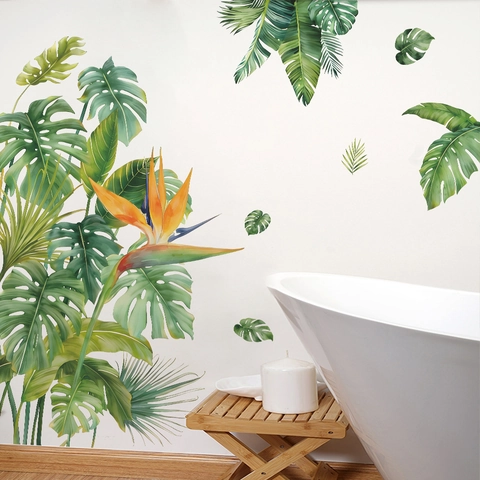 Adesivi Murali Piante Tropicali Acquerello Monstera Foglia Di Palma Fiore Uccello Del Paradiso Autoadesivi PVC Decorazione Casa
