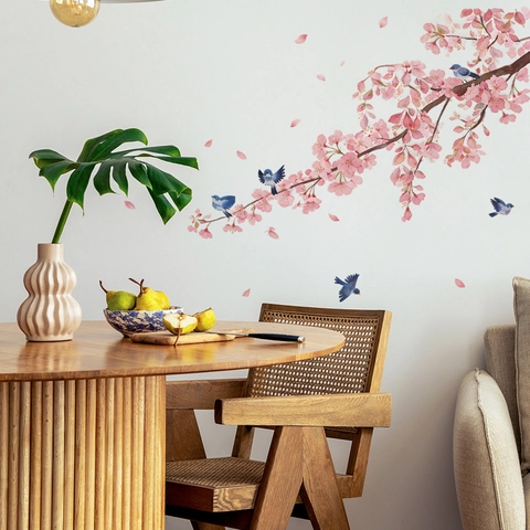Adesivo da Parete Ramoscello di Ciliegio ad Acquerello Fiori Rosa Uccelli Blu Decalcomania in PVC Autoadesiva