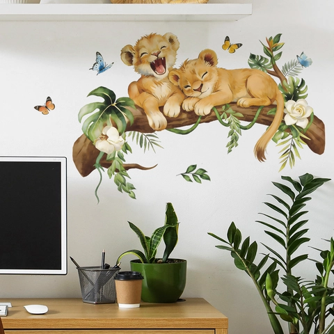 Cartoon Lion Cubs On Tree Branch Wall Sticker Tropical Leaves Butterfly Removable PVC Wall Decal For Kids Room Nursery Decor