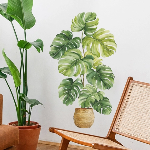 Watercolor Monstera Potted Plant Wall Sticker PVC Self Adhesive Removable Nordic Style Leaf Decor For Living Room Home